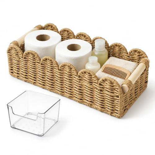 Storage Basket for Toilet Tank Top Scalloped Edge Woven Paper Rope Wicker Bin with Wooden Handles Cute Decorative Organizer Tray for Counter Shelf & Decor Includes Small Box Neutral