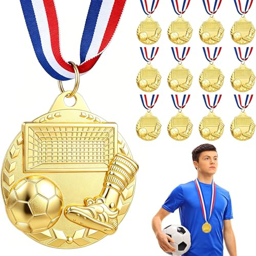 Hianjoo 12 Stücke Goldmedaille mit Halsbändern, Medaille Kinder für Fußballspiel, Siegermedaillen für Sport, Fußballverein Metall Medaillen (Netzstil)