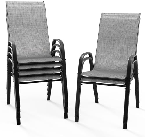 Bonnlo Gartenstühle Stapelbar 6er Set, Outdoor-Essstühle Hochlehner, Stapelstühle Wetterfest mit Atmungsaktivem Textilene, Robustes Metallgestell, für Balkon, Terrasse & Garten, bis 180 kg, Grau