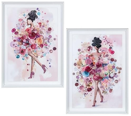 DRW Quadro tela con donna con fiori in rosa, rosso e blu, 50 x 70 x 3,3 cm
