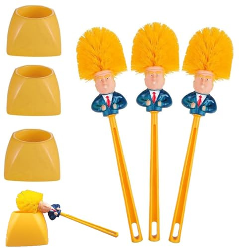 Brosse Toilettes WC Donald Trump – Lot de 3 Brosse Toilette à Long Manche, Design Personnage Amusant, Nettoyage Salle de Bain (avec Socle)
