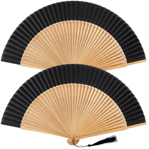 Leikedun 2 Pack Folding Hand Fan, Vintage Black Bamboo Handheld Fan | Silk Fabric Handheld Fan Folding with Tassel for Wedding, Festival, Performance, Party & Gifts, Home Decoration