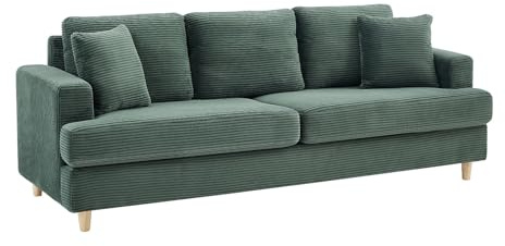 Vente-unique - Sofa ohne Schlafmöglichkeit Yocaba Samt Grün 216 cmx79 cm | Samtige Weichheit des Cords | Abnehmbarer Bezug | Zusätzliche Kissen