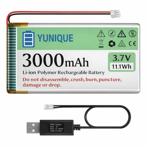 YUNIQUE GREEN-CLEAN-POWER LiPo-Akku 3,7 V 3000 mAh 103665 mit Micro JST 1,25 + USB-Ladegerät – wiederaufladbarer Akku 1S für Arduino, ESP32, Drohnen, Module und elektronische Projekte