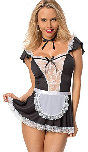 SHESHY Frauen Sexy Dessous Maid Cosplay Kostüm Französisch Naughty Cute Lace Dress Dessous Nachtwäsche (Schwarz, M)