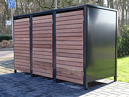 3 Mülltonnenboxen für 120 Liter Mülltonnen in Edeldesign Anthrazit - Edelholz / witterungsbeständig durch Pulverbeschichtung / mit Klappdeckel und Fronttür aus Edelholz