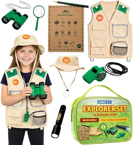 Born Toys Costume per Safari con Kit Esploratore per Maschere e Giochi di Ruolo da Esterni, Natura, Park Ranger, paleontologia, Custode dello Zoo, Halloween, Campeggio, Scalate, STEM e Scienziato