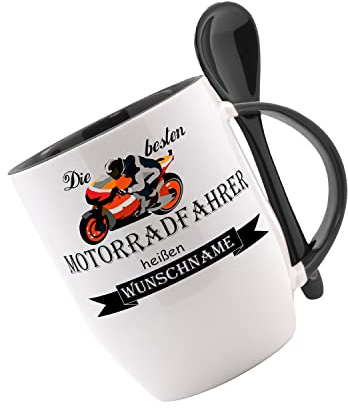 Crealuxe Löffeltasse 'Die besten Motorradfahrer heißen (Wunschname)' personalisiert, Kaffeetasse mit Motiv, Bürotasse