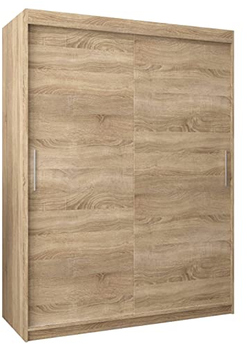 MEBLE KRYSPOL Tokyo 150 Kleiderschrank mit Zwei Schiebetüren für Schlafzimmer – moderner Aufbewahrungsschrank mit Kleiderstange und Regalen – 150x200x62cm - Sonoma