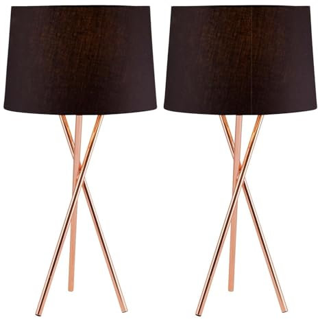 Pair Modern Copper Tripod Table Lamp Bedside Light with Black Fabric Shade