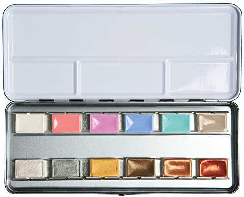 White Nights russische Künstler Aquarellfarben im Set, 12 Metallic & Pastell Farben in ganzen Näpfchen im Metallkasten, hohe Brillanz und Leuchtkraft