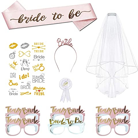 Rose Gold Jga Deko Accessoire, Junggesellenabschied Dekoration, für Junggesellinnenabschiedjga Schärpe, Jga Tattoo, Weißer Schleier mit Kamm, Rosetten-Abzeichen, Kopfbedeckungen, Brille