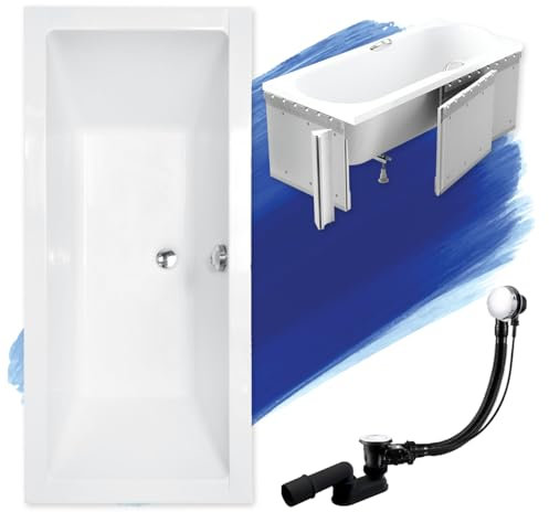 BADLAND Badewanne Original Weiß Acryl Wanne Rechteck QUADRO 190x90 KOMPLETTSET SET mit Premium Styroporverkleidung + Füßen und Exklusive Chrom Automatik Ablaufgarnitur Made in EU 4in1