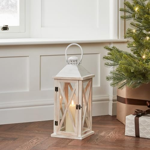 Lights4fun Holz Laterne Folkestone mit TruGlow LED Kerze Innenbereich 42cm Muttertagsgeschenk Kerze