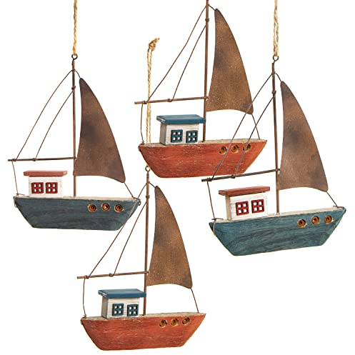 Logbuch-Verlag Deko Set maritim nautisch - 4 Segelboot Anhänger aus Holz & Metall - Badezimmer Dekoration