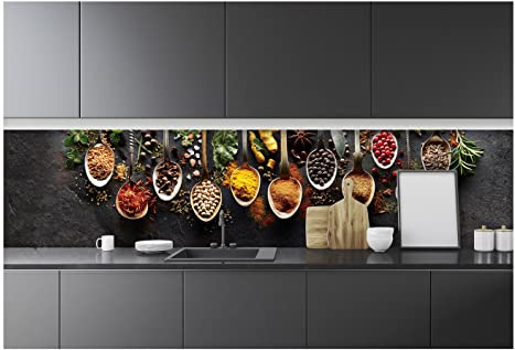 Fototapete Küche Kräuter Löffel Gewürze - 250x60 cm Einteilig Premium Küchenrückwand - Inklusive Kleister Modern Küchentapete Fototapeten Vlies Tapete UV-Beständig Montagefertig