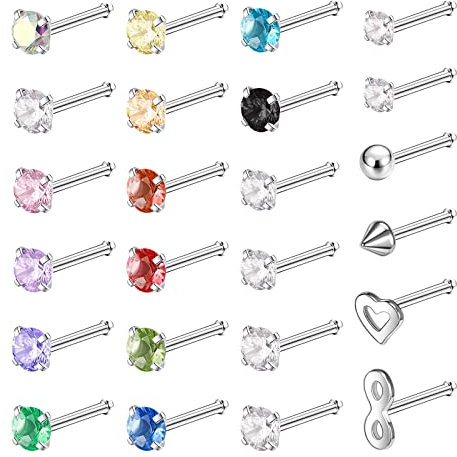BodyAce 24STÜCKE 20G Nasenstecker, Chirurgischer Stahl Nasenpiercing Nasenring für Frauen Männer, Mischfarbe Diamant CZ Nostril Piercing Schmuck (C:Knochen)