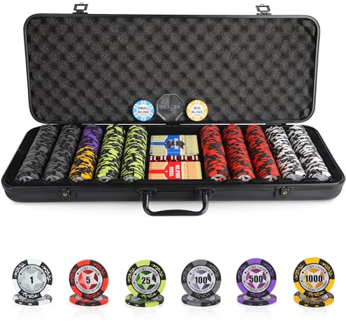 ORIENGEAR Pokerchip-Set mit Bezeichnungen, 500 Stück 14 Gramm Clay Composite Casino Chips mit ABS-Hülle und 2 Decks spielender Kunststoffkarten, für Texas Holdem Blackjack Gambling Spiele