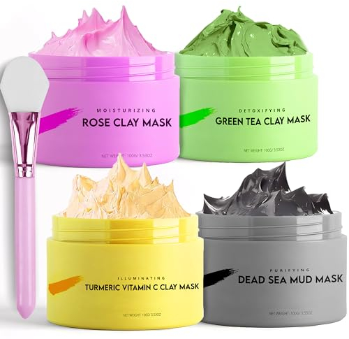 VogueNow Clay Mask Gift Pack of 4 Jars (400g) With Cute Headband & Brush | Premium Clay Face Mask | Turmeric Vitamin C, Green Tea, Rose, Dead Sea Mud For Face | Spa Gift set for Women