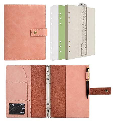 Wonderpool Leder Nachfüllbares Notizbuch Ringbuch A5 Tagebuch - Gepunktetes Papier & Echtleder Innentaschen für Reisearbeit und Organizer (Rosa, A5)