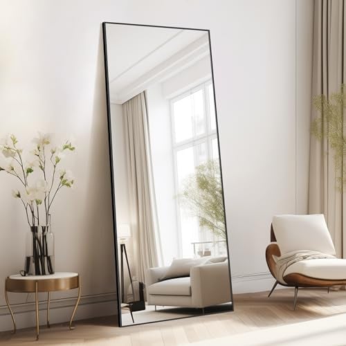 COFENY Specchio da Terra, Specchio da Parete Grande con Cornice in Alluminio 161 x 52 cm, Specchio da Terra da Appoggiare o Appendere per Soggiorno, Camera da letto, Soggiorno, Ingresso, Nero