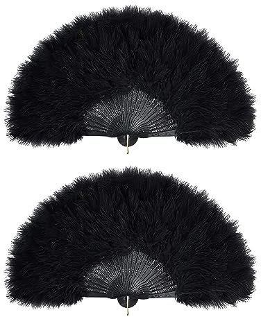Lizzy 2 x Black Feather Fan | Handheld Folding Fan, 1920s Embroidered Vintage Fans Halloween Fancy Dress Costume Party Wedding Decoration