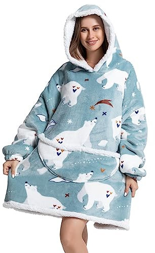 Msrlassn Tragbare Decken Hoodie für Damen Herren Erwachsene Oversized Kapuzen Decke Kuschelpullover Super weich bequem Tragbare Decke mit Ärmeln Hoodie Sweatshirt mit Taschen (Eisbär)
