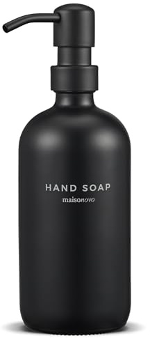 MaisoNovo Glass Hand Soap Dispenser Bathroom - 500 ml Black Bottle with Black Pump x 1, Waterproof Labels