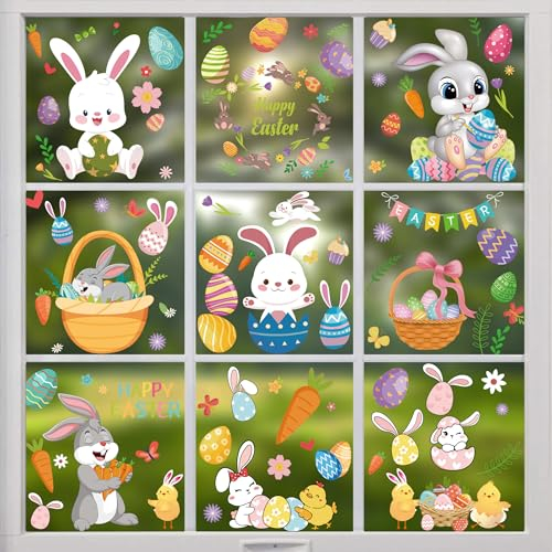 Fensterbilder Ostern Kinder, 9 Blätter Oster Fensteraufkleber Selbstklebende Fensterbilder mit Osterhasen Eiern Schmetterlingen, Wiederverwendbare Fensterdeko für Ostern