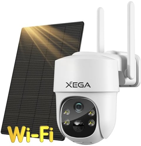 Xega Telecamera WiFi Esterno Senza Fili Solare, HD PTZ IP Telecamere con Pannello Solare Batterie,Rilevamento del Movimento, 355°/90°,Allarme Sonoro e Luminoso, Visione Notturna a Colori, IP66