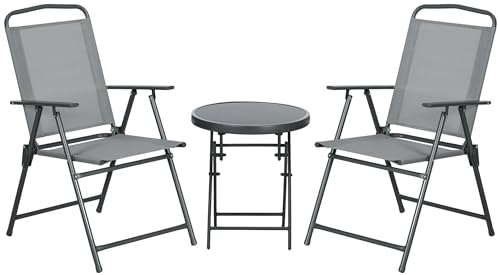 Outsunny Garden Bistro Set, 3 Pieces Table and Chairs Set, Outdoor Garden Furniture with Foldable Breathable Mesh Fabric Armchairs & Glass Top Coffee Table, Light Grey