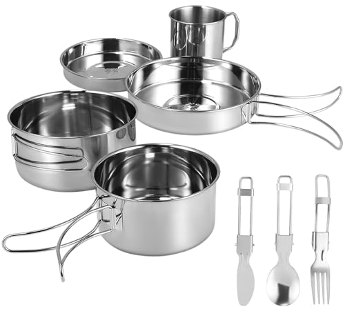 Domisyee 8 Stücke Camping Kochgeschirr Set für 1-2 Personen - Tragbare Camping Töpfe - Edelstahl Outdoor Kochset mit Besteck für Camping, Wandern, Picknick, Reise - Faltbar und Stapelbar