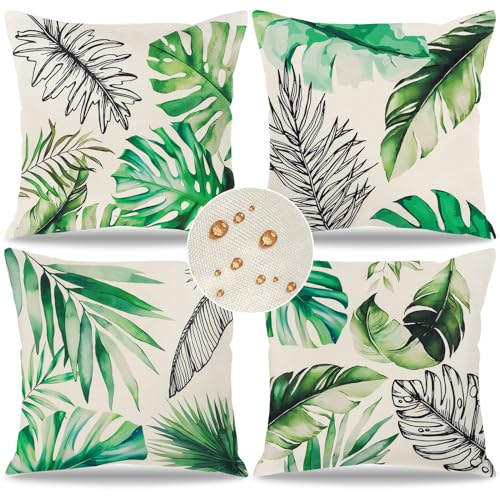 Betylifoy Outdoor Kissenbezug Wasserfest Dekorative Kissenbezug 4 Stück 45x45 cm Sommer Tropische Blätter Kissenbezüge für Sofakissen Terrasse Garten Outdoor (45x45cm)