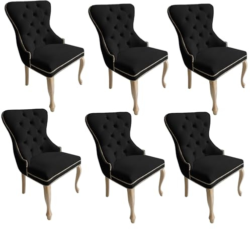 Meble Ares Esszimmerstühle 6er Set Madame - Glamour Stil - Samt Stuhl Esszimmer - Seselstuhl Wohnzimmer, Schminktisch Stuhl - Ankleidezimmer Möbel - Buchenholz, Gesteppt, Schwarz - Rustikal