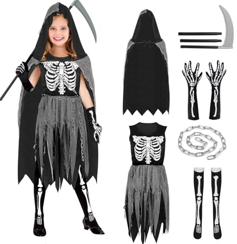 ATOWORLD Halloween Deguisement Faucheuse Enfant Fille Costume Deguisement Squelette Fille 5 6 7 Ans Costume Faucheuse Faucheur Faucille Halloween Cosplay Noir Robe Cape Faucheuse Enfant