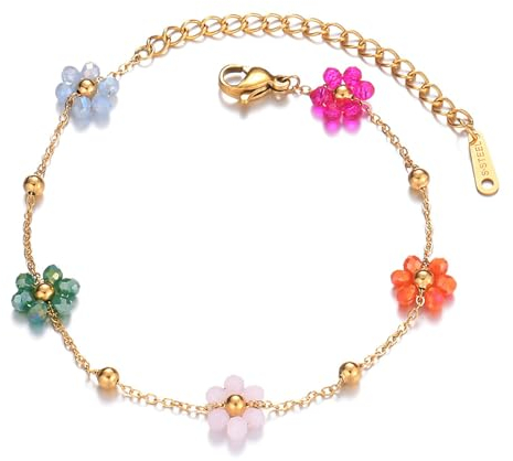 IMINI Gänseblümchen Blumen Armband für Damen Mädchen 18 Karat Vergoldeter Edelstahl Bunte Blumen Gliederketten Armbänder Boho Strand Sommer Schmuck