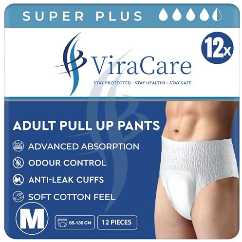 12 x Super Plus Incontinence Pants Women & Men | Adults Nappies | Advanced Absorption and Soft-Stretch Waistband | Adults Pull Up Pants | Waist Size Medium 65-135 cm |(1 Pack of 12, Medium)