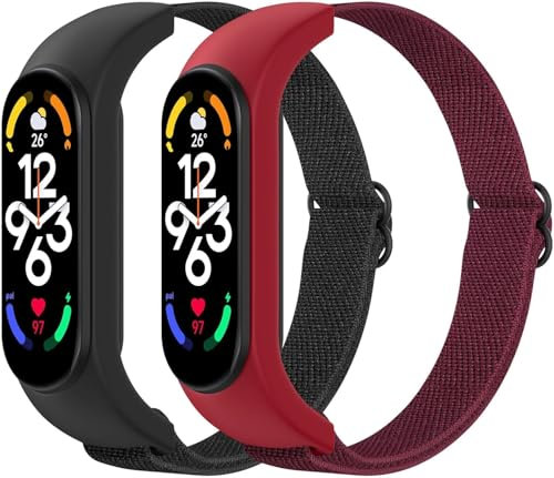 Astorgos 2 Pack Bracelet en Nylon Extensible Compatible avec Xiaomi Mi Band 7/6/5 pour Femme Homme, Bracelet Élastique en Tissu, Bracelet de Sport de Remplacement, Noir+Vin Rouge