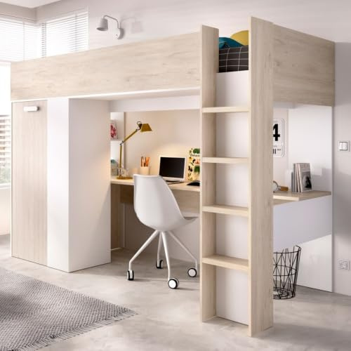 Befara HOCHBETT MIT Schreibtisch UND Schrank Biniki, Weiß/Eiche, 205 x 112 x 177 cm, Hochbett mit Schreibtisch und Kleiderschrank für Jugendliche