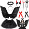 YeahBoom Teufel Kostüm,Teufel und Engel Kostüm,Engels Flügel Kostüm,Schwarzer Engel Kostüm Damen,Tutu Rock Zauberstab Stirnband und Handschuhe Flügel Engel Schwarz für Karneval Kostüm Damen