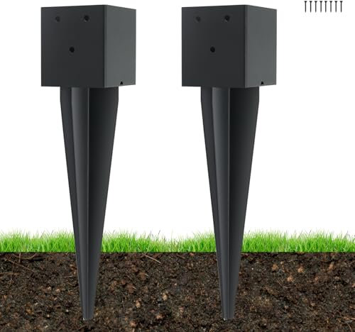 2 Pcs 4 x 4 Fence Post Anchors Ground Spike (Actual 3.6 ” X 3.6”),Heavy Duty Metal Fence Stakes Post Base 16'' with Black Powder Coated Support for Mailboxes, Fences, Trellis Posts, Banners.