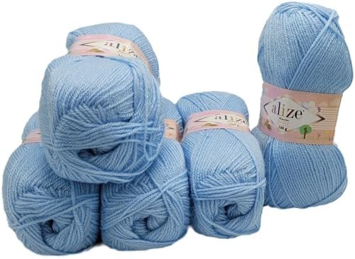 5 x 100 Gramm Ilkadim Export Sekerim Bebe Strickgarn einfarbig, 500 Gramm Strickwolle uni, Acrylgarn (blau 183)