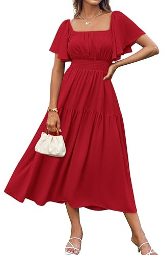 GRACE KARIN Women's Summer Peplum Dresses Ruffle Sleeve Square Neck Smocked A-Line Flowy Maxi Dress Red S
