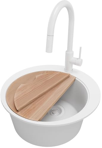 PRIMAGRAN Granitspüle ab 45er Unterschrank + Küchenarmatur, 50x50cm | Set: Küchenarmatur BW9010 + Ablauf-Set + Schneidebrett + Spülbecken 1 Becken - Piza Top, Alles Weiß