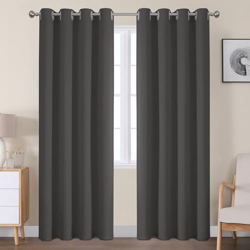 VEHEDE Blackout Vorhänge Schlafzimmer, 84 Zoll Drop 2 Panels Thermische Öse Lange undurchsichtig Vorhang, Energieeinsparung Privatsphäre Fenster Gardinen für Home Decor, H214 xB97, Dunkelgrau