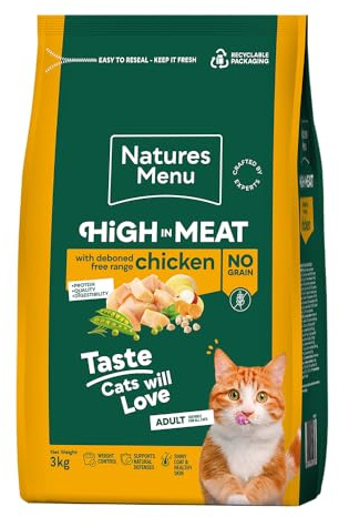 Natures Menu High in Meat - No Grain Dry Food for Adult Cats with Free Range Chicken - 3kg
