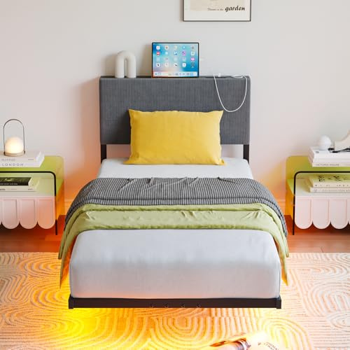 HOMERECOMMEND Single Bed Frame with LED Light,3ft Floating Bed Frame with Charging Station,Upholstered Bed Frames Single Size Bed with Storage,90x200 Bed,Dark Grey