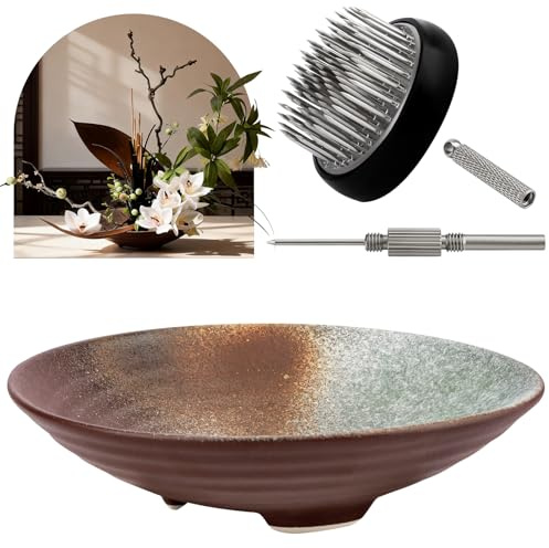 Meiwlong Japanische Ikebana Keramik Schale Vase Kit für Blumenarrangements | Jahrgang Keramikschale, Kenzan & Mental Pin, Blumenanordnung Pratice Kit