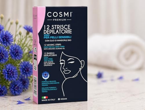 COSMI – 12 Strisce Depilatorie Viso per Pelli Sensibili | Con Olio di Mandorle Bio | Made in Italy | Formula Delicata Vegan