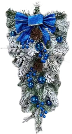perfk Christmas Teardrop Swag Artificial Wreath Ornament Front Door Wreath for Office Indoor Outdoor (Blue)